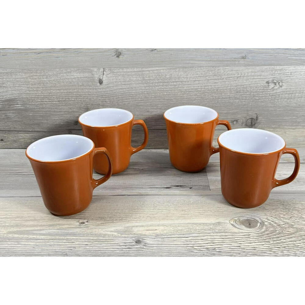 Set of 4 Vintage PYREX Corning Burnt Orange Rust Brown Coffee Cups Mugs D Handle
